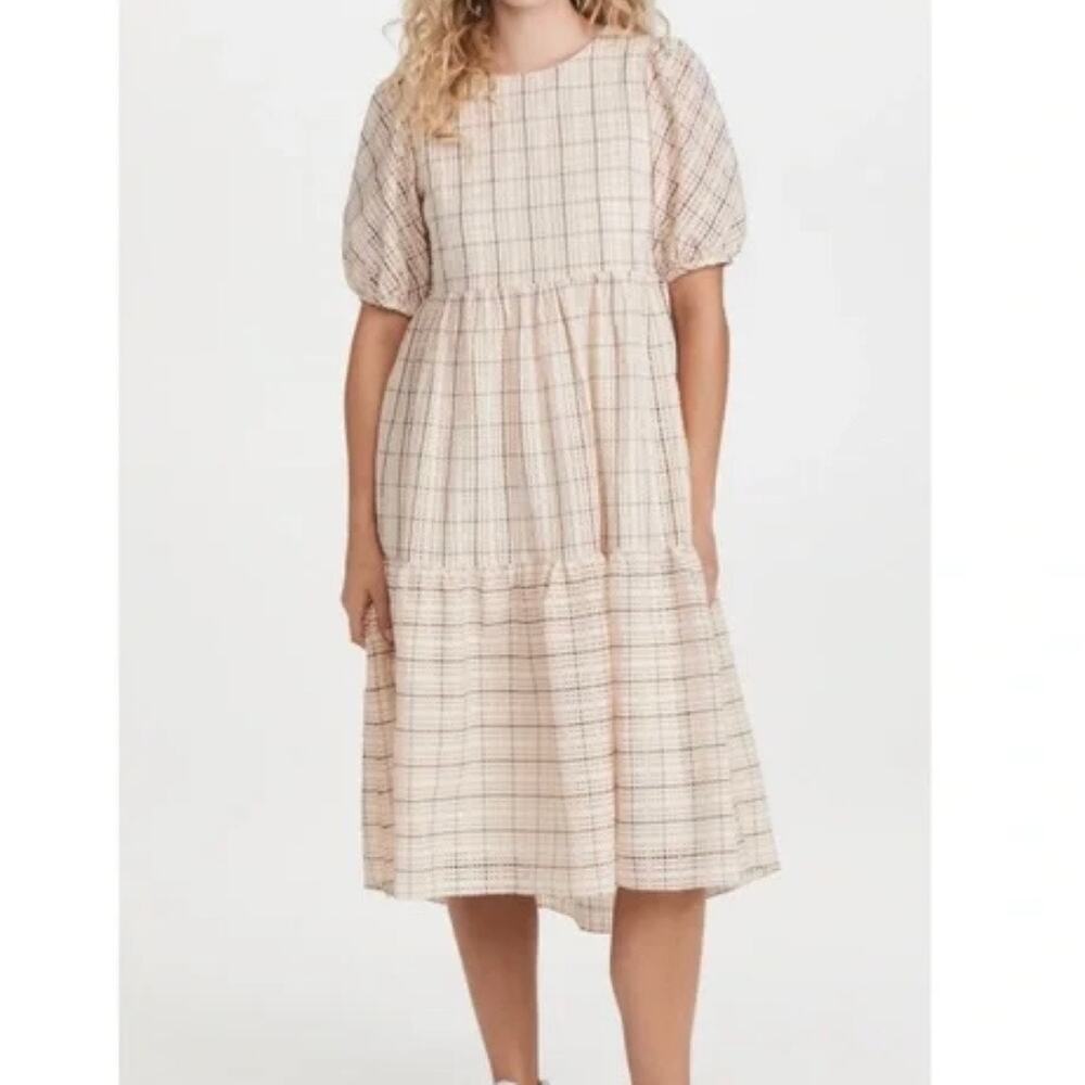 Anthropologie English Factory Women's Plaid Puff Sleeve Tiered Midi Dress Med